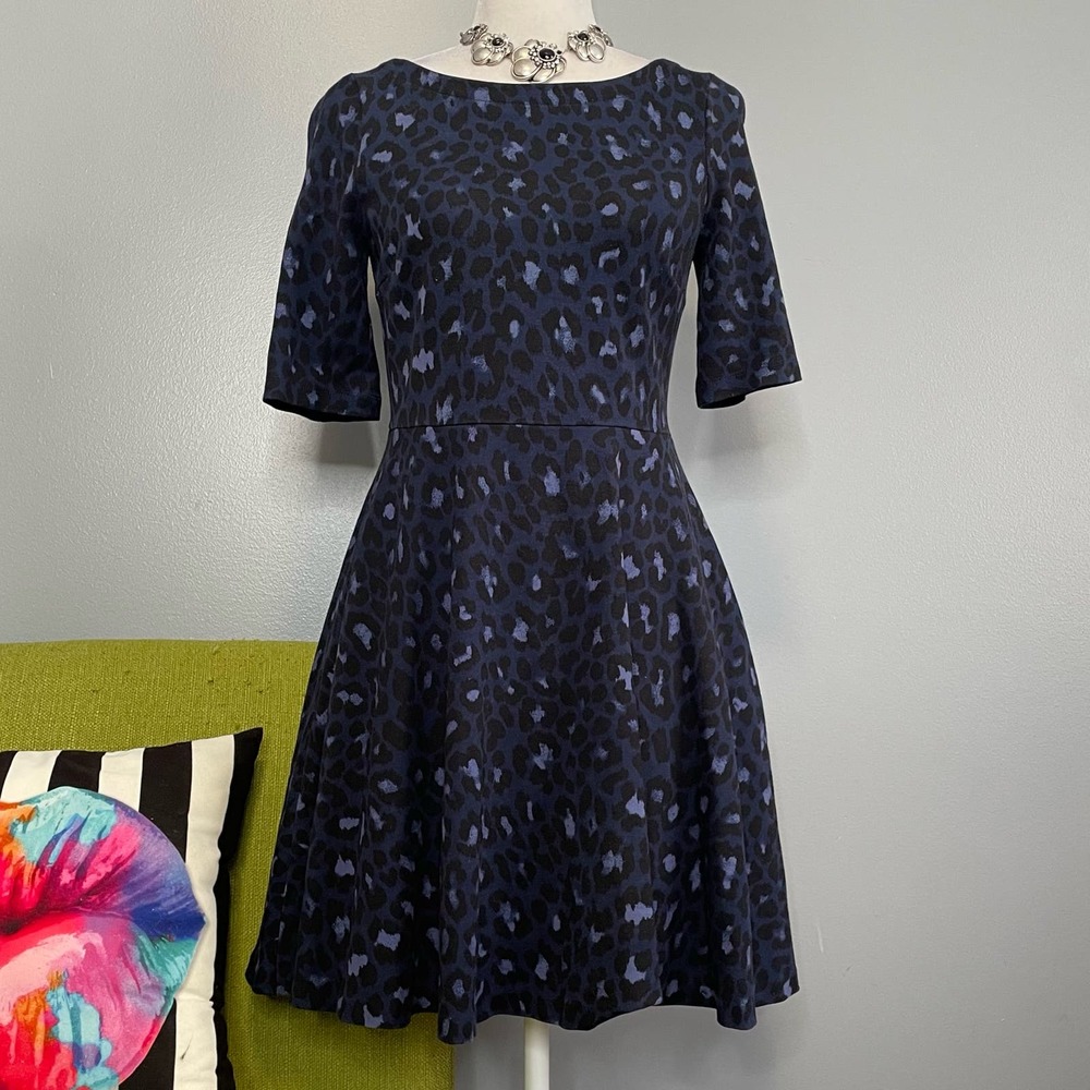 Kate Spade Blue Leopard Animal Print Lace Up Fit and Flare Cockatil Dress
